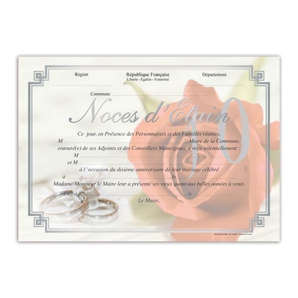 Diplôme de mariage pour Noces d'étain - 10 ans