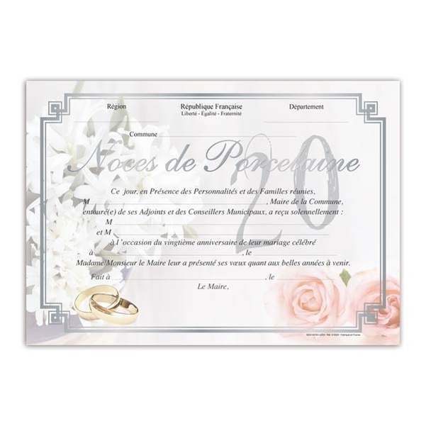 Diplôme de mariage pour Noces de porcelaine - 20 ans