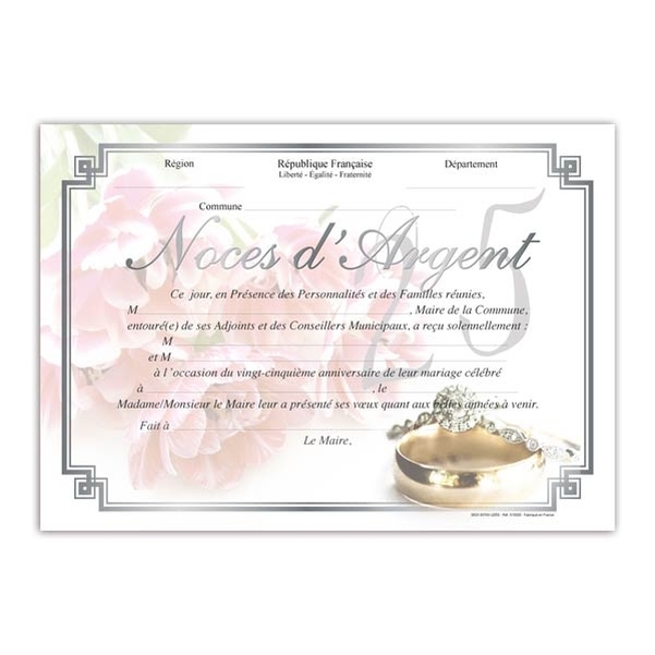 Diplôme de mariage pour Noces d'argent - 25 ans
