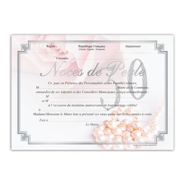 Diplôme de mariage pour Noces de perles - 30 ans