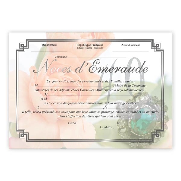 Diplôme de mariage pour Noces d'émeraude - 40 ans