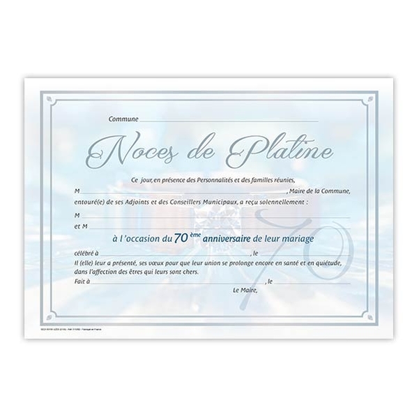 Diplôme de mariage pour Noces de platine - 70 ans