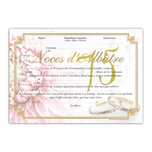 Diplôme de mariage pour Noces d'albatre - 75 ans