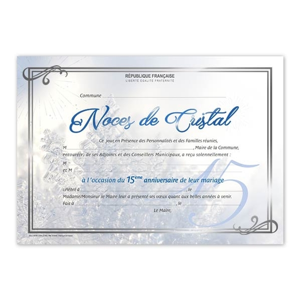 Diplôme de mariage pour Noces de Cristal 15 ans