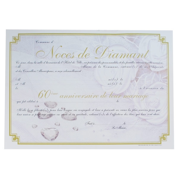 Diplôme de mariage pour Noces de diamant - 60 ans - Finition or