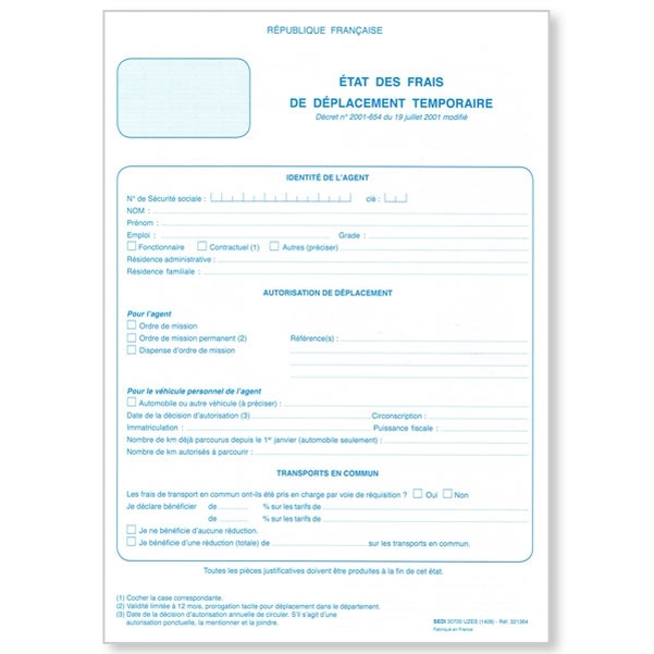Etat des frais de déplacement