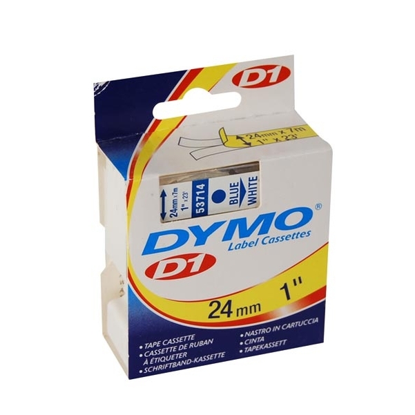 Ruban Dymo 24mm bleu sur blanc