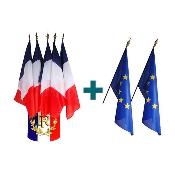 Lot de 5 drapeaux Français et 2 Européens 80x120 cm avec un écusson