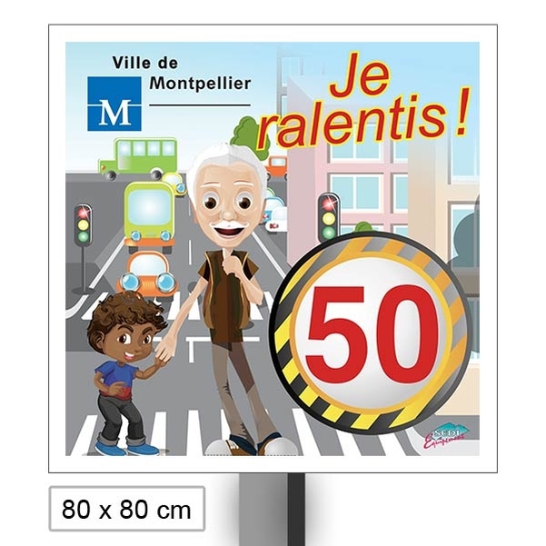 Panneau " Je ralentis " circuler responsable 80x80cm avec poteau et brides - Personnalisable