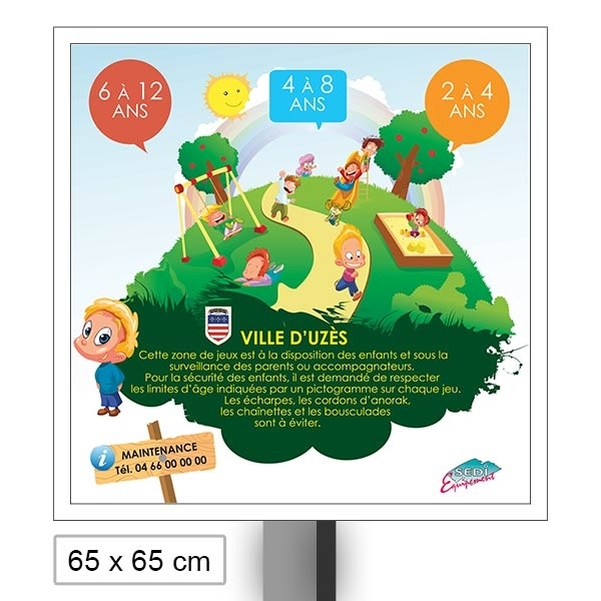 Panneau de consignes Alu pour Aire de Jeux 65x65cm avec poteau et brides - Personnalisable