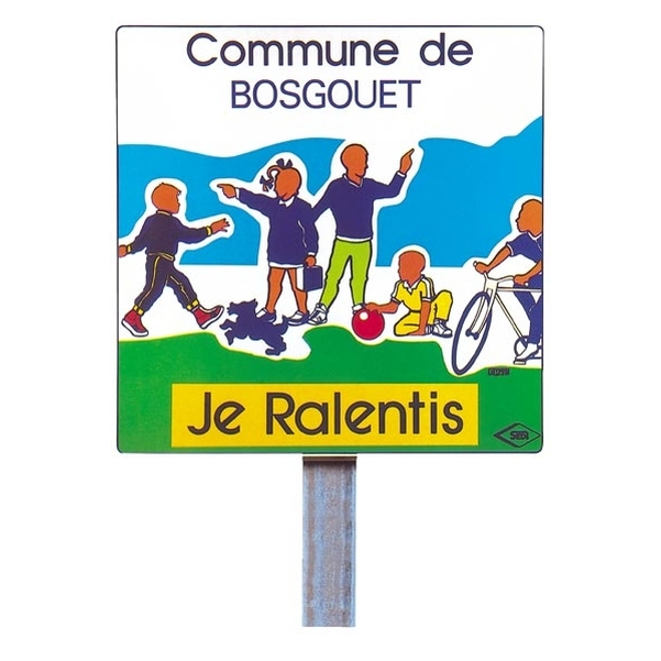 Panneau " Je Ralentis " 800x800mm avec brides de fixation et poteau