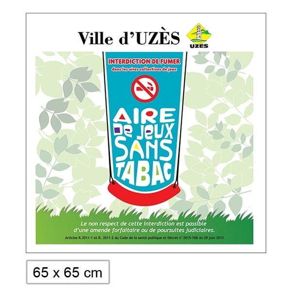 Panneau Alu Interdiction de fumer dans les aires de jeux 65x65cm - Version balançoire - Personnalisable