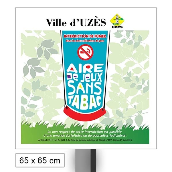 Panneau Alu Interdiction de fumer dans les aires de jeux 65x65cm avec poteau et brides - Version balançoire - Personnalisable