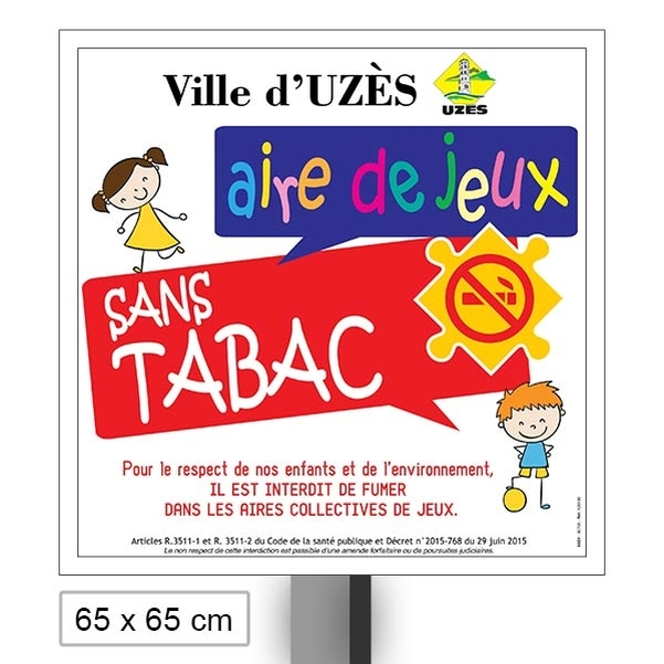 Panneau Alu Interdiction de fumer dans les aires de jeux 65x65cm avec poteau et brides - Version puzzle - Personnalisable