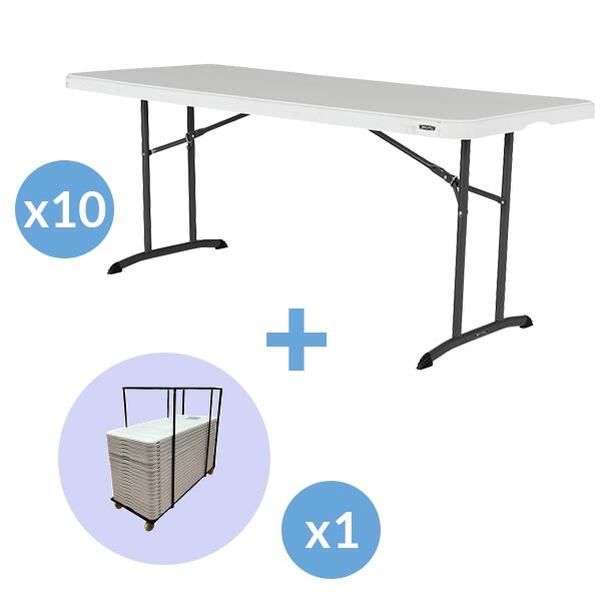 Lot 10 tables Lifetime ENCASTRABLES blanches 183x76 cm et 1 Chariot