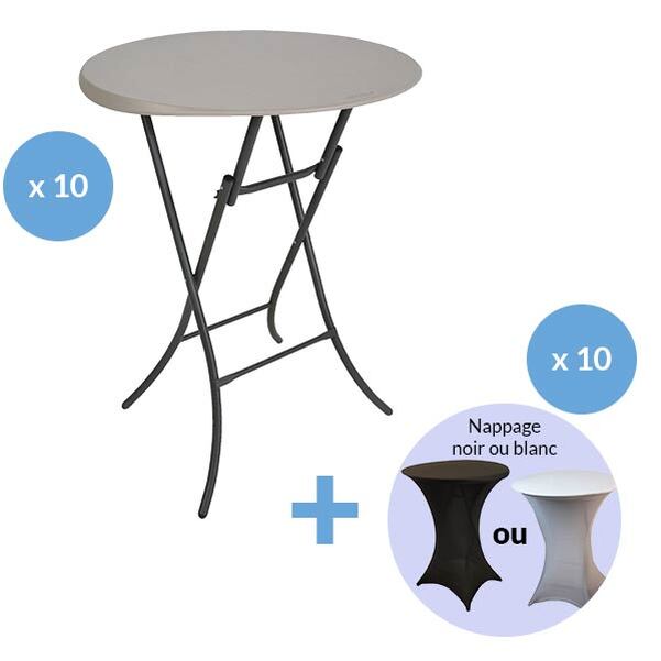 Lot 10 Tables Pliantes Mange-Debout LIFETIME BLANCHES - Diam.84 cm (2 à 4 pers.) + 10 Nappes