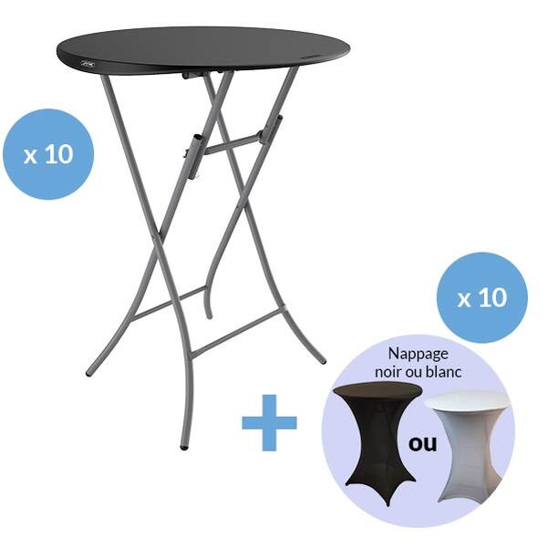 Lot 10 Tables Pliantes Mange-Debout LIFETIME NOIRES - Diam.84 cm (2 à 4 pers.) + 10 Nappes