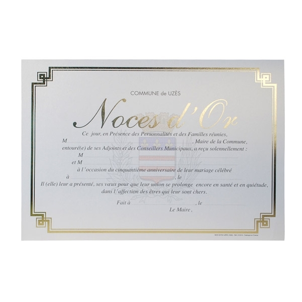 Diplôme de mariage pour Noces d'or personnalisé - 50 ans
