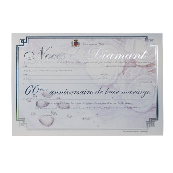 Diplôme de mariage pour Noces de diamant personnalisé - 60 ans - Finition argent