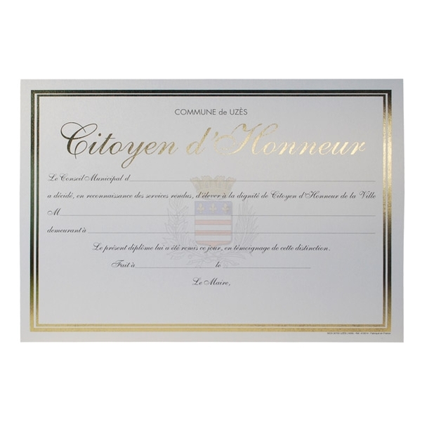 Diplôme de citoyen d'honneur Design Paper personnalisé
