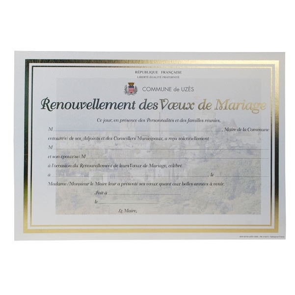 Diplôme renouvellement des voeux de mariage personnalisé