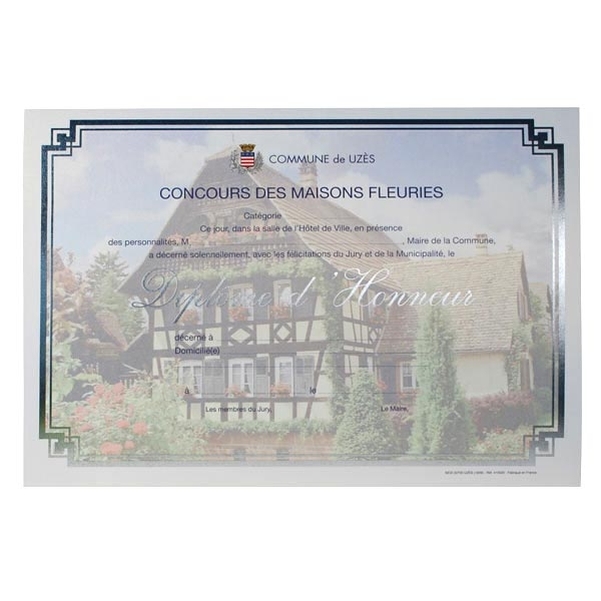 Diplôme d'honneur pour maisons fleuries Design Paper personnalisé - Modèle colombage