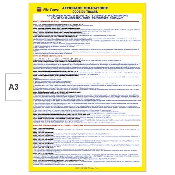Plaque Affichage obligatoire contre le harcèlement - PVC A3 - Personnalisable