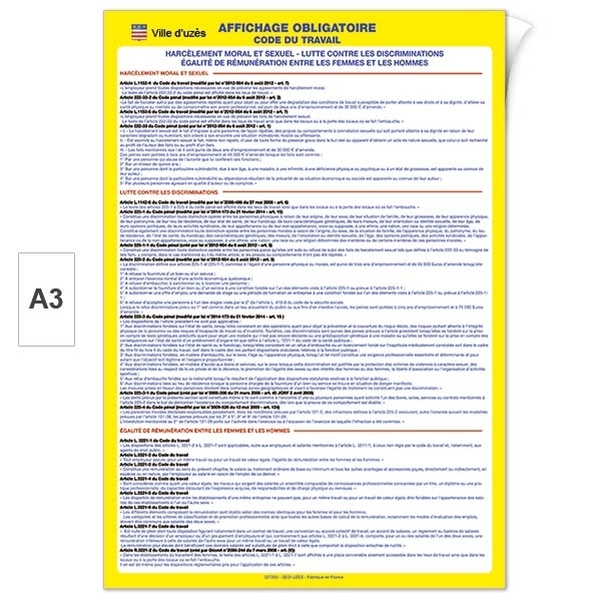 Plaque Affichage obligatoire contre le harcèlement - Adhésive ép.5mm - A3 -  Personnalisable