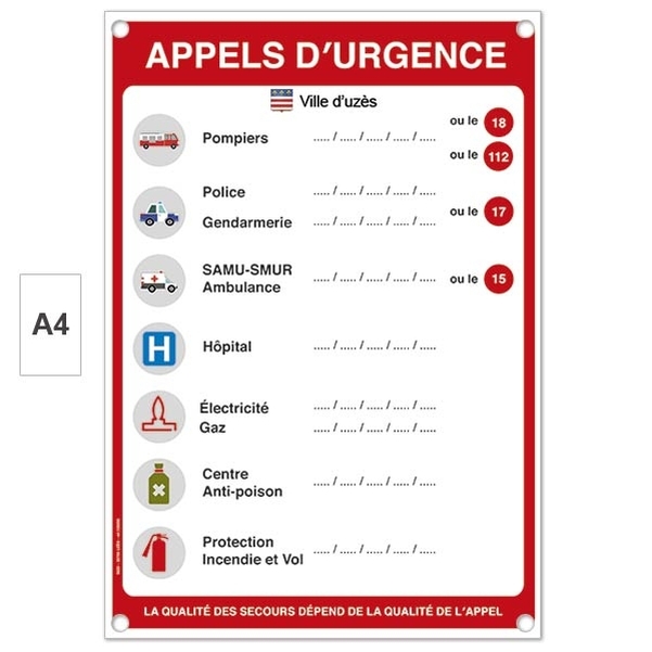 Plaque en PVC Appels d'urgence A4 personnalisable