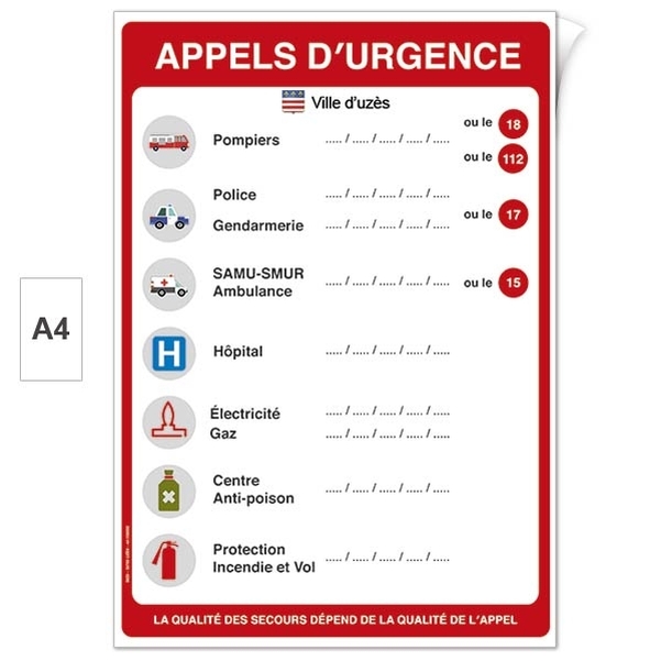 Plaque adhésive Appels d'urgence  - Adhésive ép.5mm - A4 -  Personnalisable