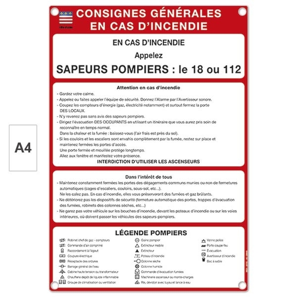 Plaque en PVC de Consignes en cas d'incendie personnalisable
