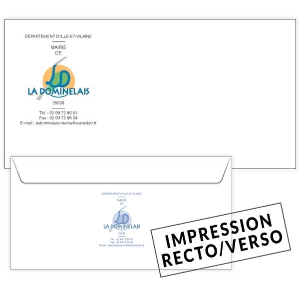 500 Enveloppes DL (11 x 22 cm) - Velin Blanc 90g - Impression RECTO Quadri et VERSO 1 couleur