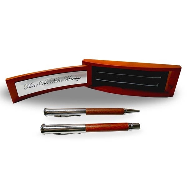 Parure 2 Stylos Bille et Roller encre noire avec écrin en bois personnalisé