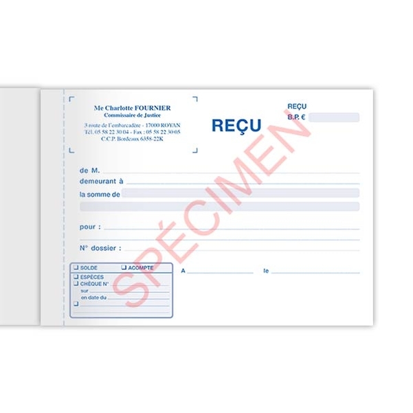 Carnet de reçus personnalisé spécial Commissaire de Justice