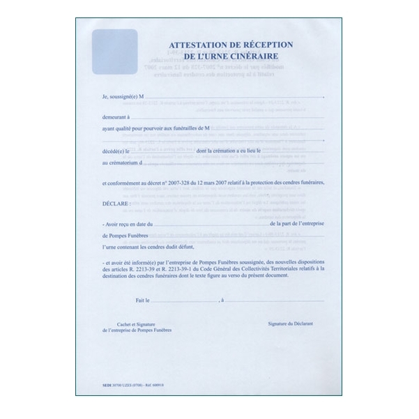 Attestation de réception de l'urne cinéraire et d'information sur la destination des cendres