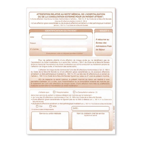 Attestation relative au motif médical de l'hospitalisation ou de la consultation externe pour un malade atteint de l'une des 30 affections