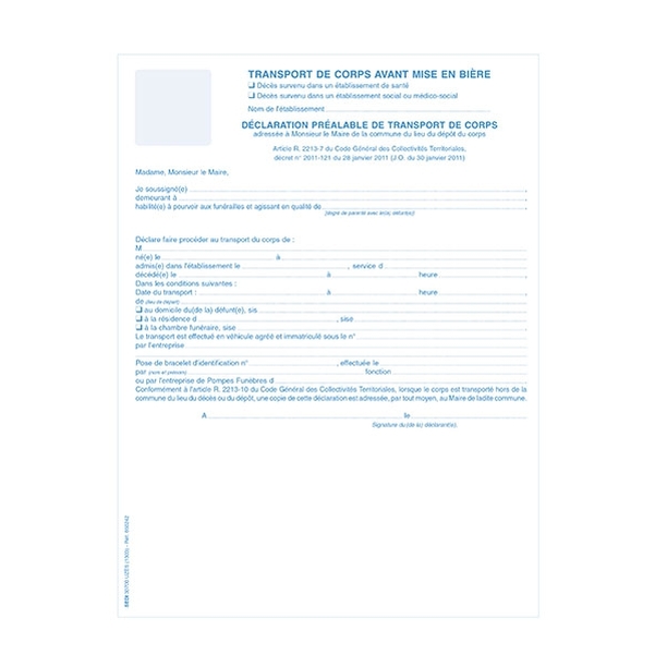 Déclaration préalable de transport de corps avant mise en bière pour établissement de santé social ou médico social - Liasse 2 feuillets - Vignette 2