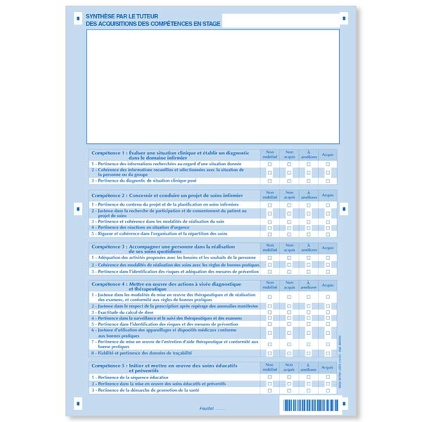Lot de 25 feuillets - Synthèse par le tuteur des acquisitions des compétences en stage avec bilan de stage - Version 2015