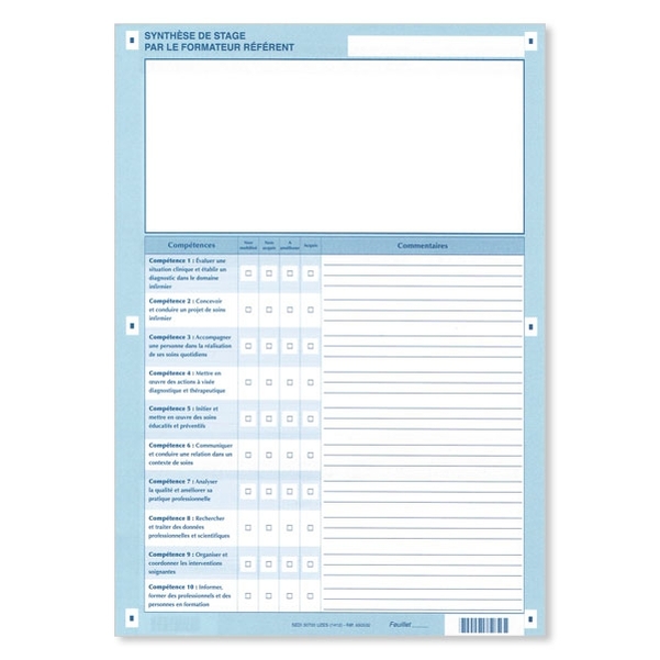 Lot de 25 feuillets - Synthèse de stage par le formateur - Version 2015 - 4 cases