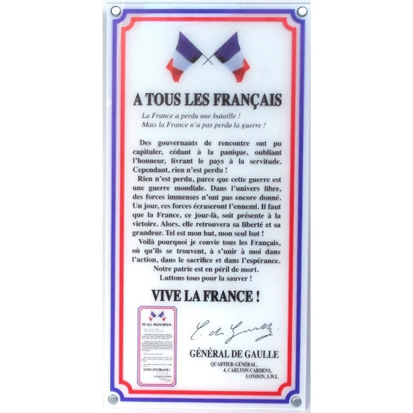 Plaque avec le Discours du Général de Gaulle en plexiglas