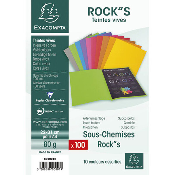 Paquet de 100 sous-chemises ROCK'S en carte 80 grammes coloris assortis EXACOMPTA