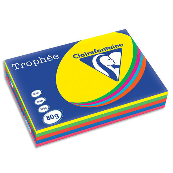 Ramette 5x100F papier Trophée 80g A3 assortis intense soleil,menthe,cardinal,BleuT,Fuchsia CLAIREFONTAINE