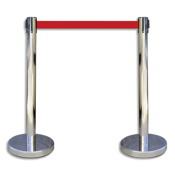 Kit de 2 Poteaux chromés H91 cm avec sangle rouge rétractable 2 mètres, en polypropylène et inox VISO