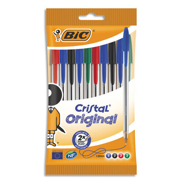 Cristal Original Stylos-Bille Pointe Moyenne (1,0 mm) - Couleurs Assorties, Pochette de 10 BIC