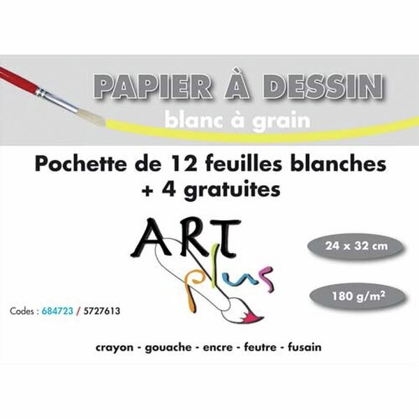 ART PLUS Pochette de 12 feuilles+4 gratuites dessin 180g format 24x32cm CANSON